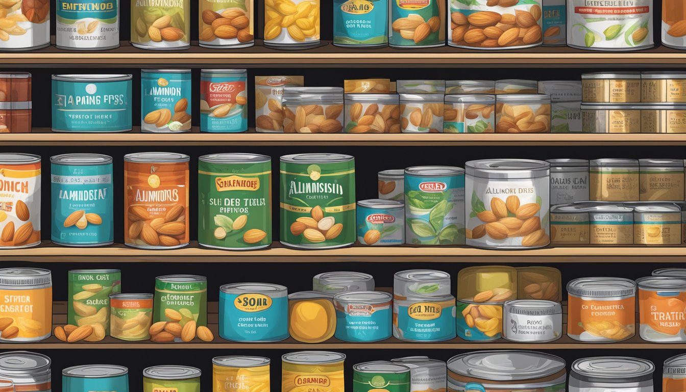 A variety of canned foods, including almonds, sit on shelves with expiration dates visible