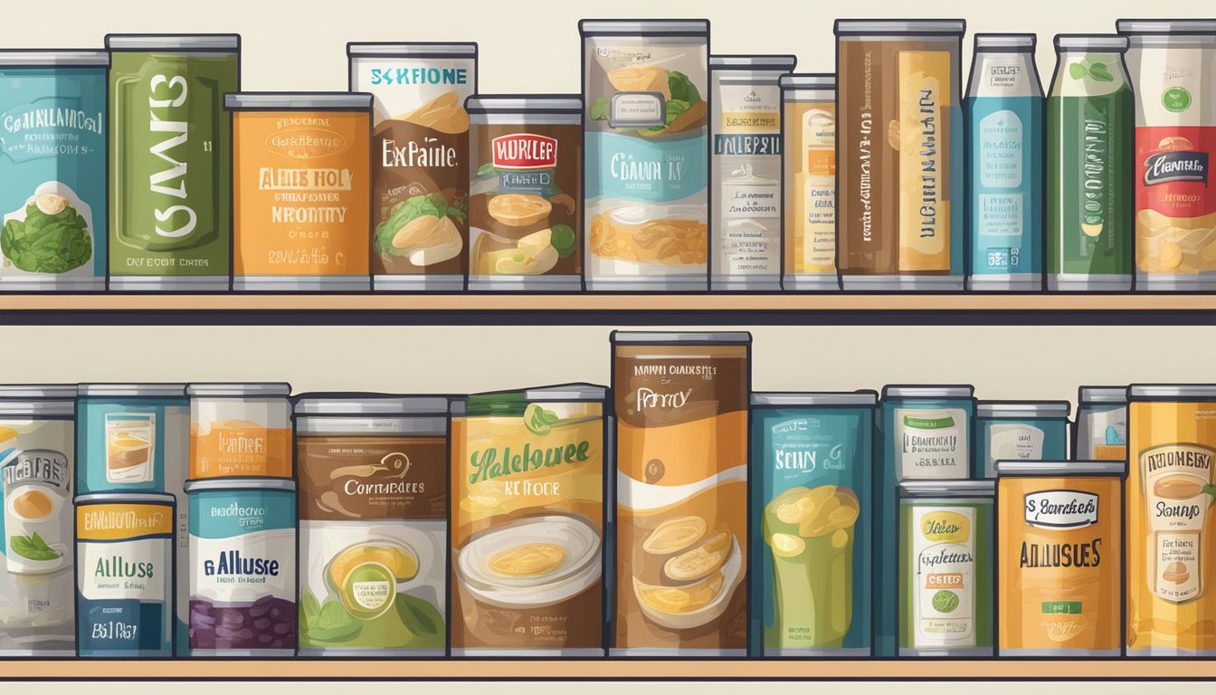 A pantry shelf with various canned foods, including allulose, neatly organized and labeled with expiration dates