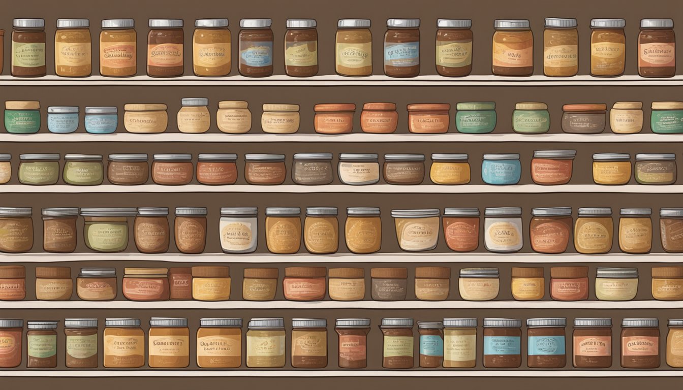 A pantry shelf with rows of canned apple butter, some labeled with expiration dates