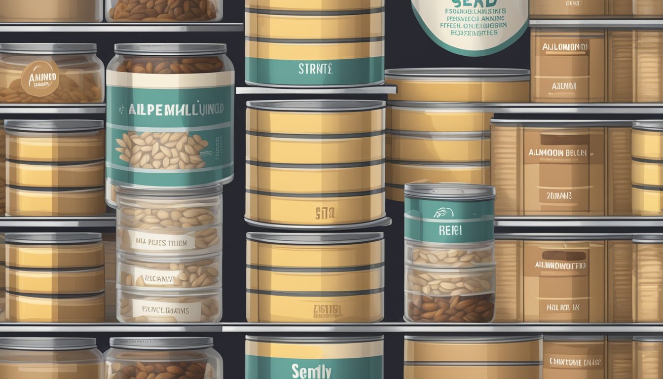 A pantry shelf filled with neatly organized rows of labeled canned almond fiber, with expiration dates clearly visible