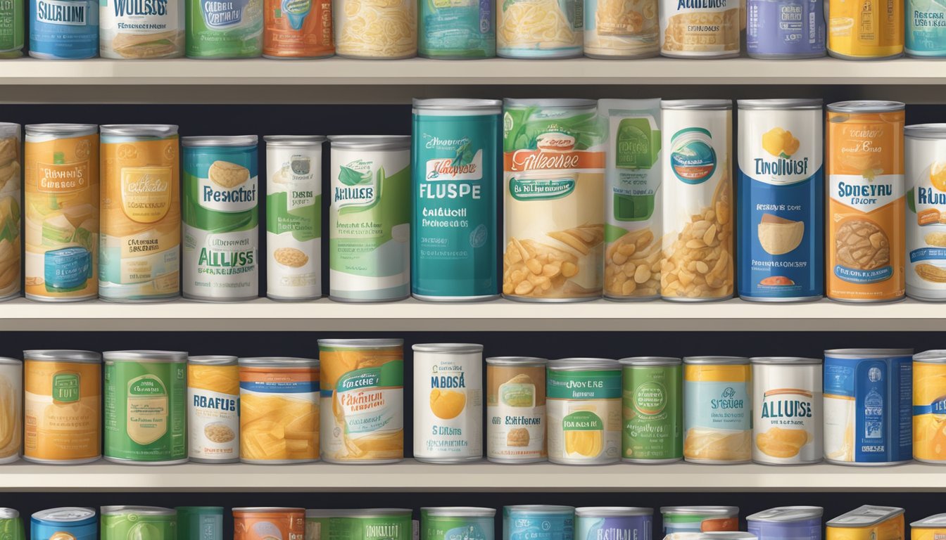 A pantry shelf with various canned allulose products, some opened and partially used, with expiration dates clearly visible on the labels