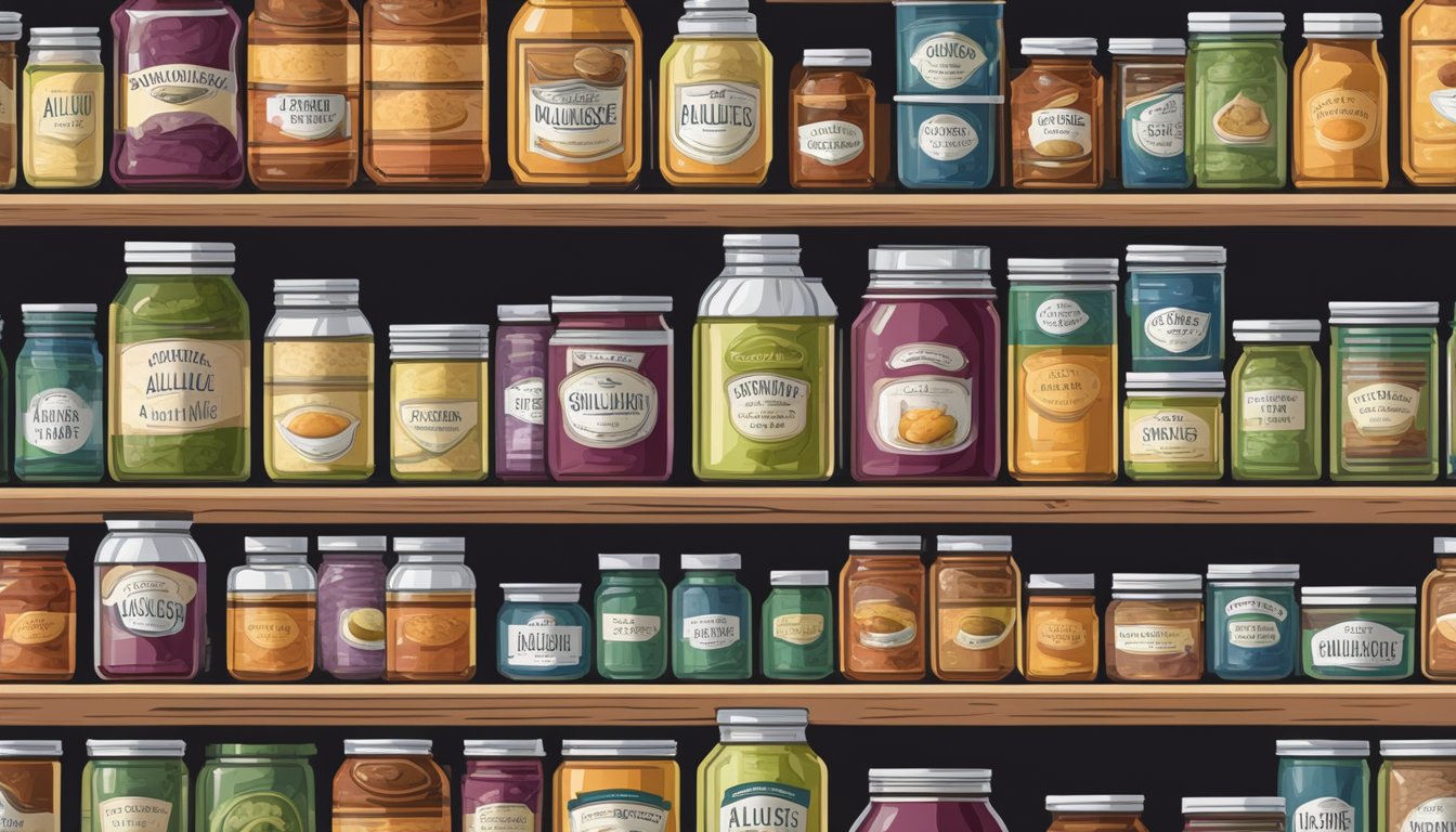 A pantry shelf with rows of neatly labeled canned goods, including jars of allulose preserves, showcasing the impact of home canning on shelf life