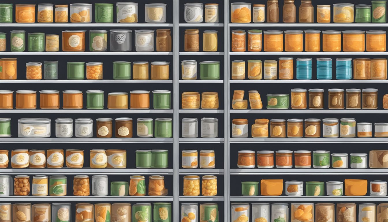 A pantry shelf with neatly organized rows of canned foods, including a can of apricot paste, with expiration date clearly visible