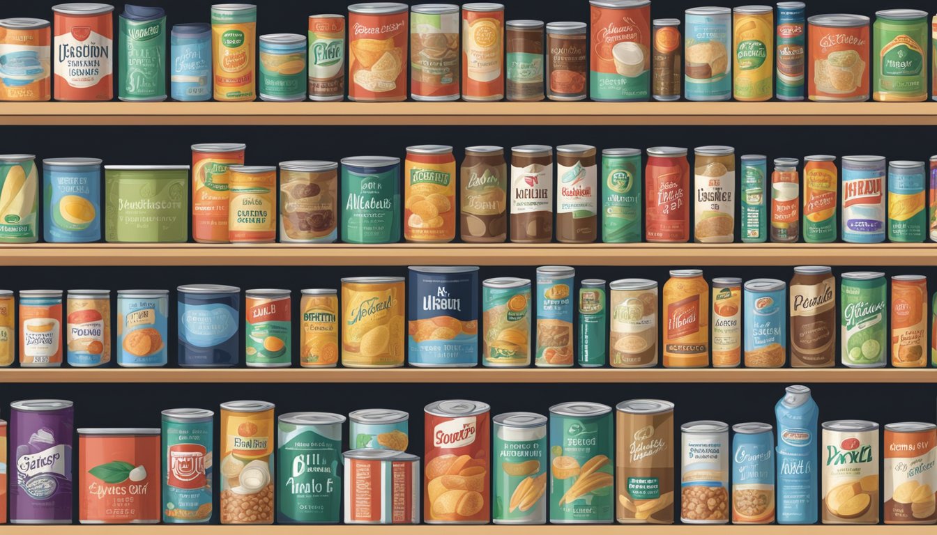 A pantry shelf filled with various canned goods, including cans of allulose, with expiration dates clearly visible