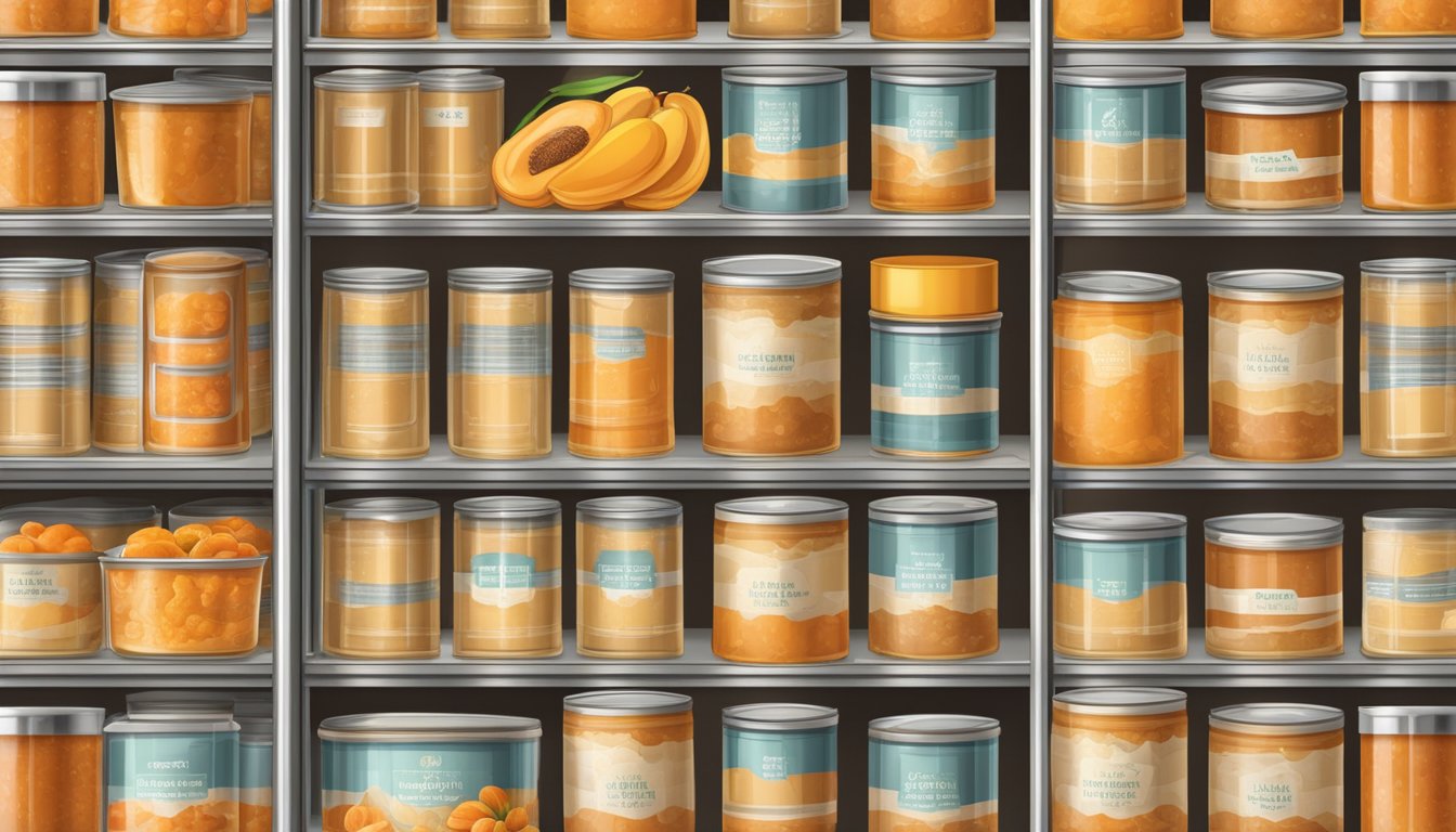 A pantry shelf with rows of neatly organized canned apricot paste, surrounded by a cool, dry environment to optimize shelf life