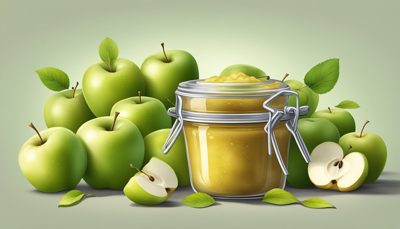 A jar of applesauce with mold growing on the surface, surrounded by a few fresh apples