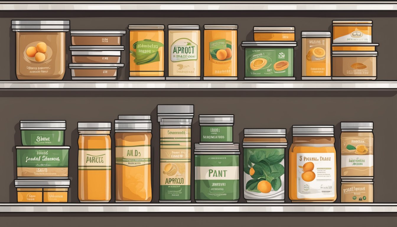 A pantry shelf with various canned goods, including apricot paste, with expiration dates visible