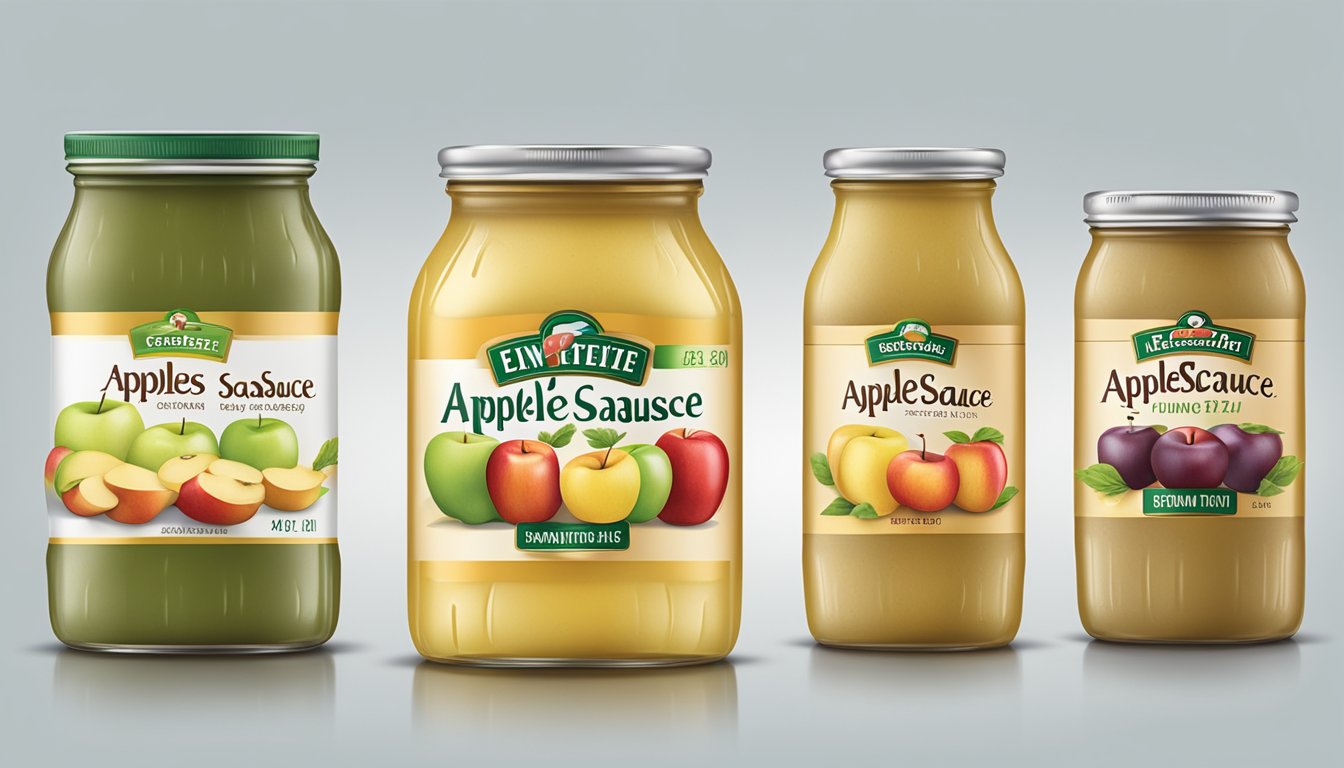 A variety of canned applesauce jars lined up with different expiration dates