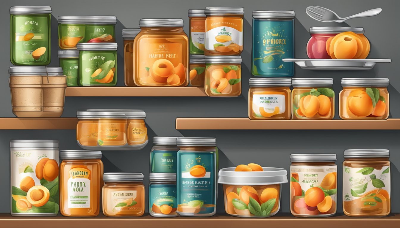 A shelf of canned apricot paste with vibrant colors and labels, surrounded by various kitchen utensils and ingredients