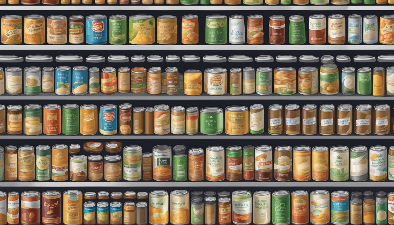 A pantry shelf with neatly organized rows of various canned foods, including canned apple fiber, with expiration dates clearly visible on the labels