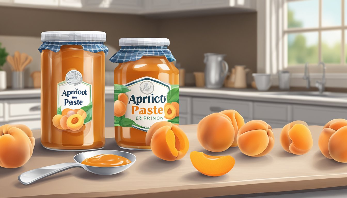 A jar of canned apricot paste sits on a kitchen countertop, surrounded by fresh apricots and a bowl of sugar. The label on the jar indicates the expiration date