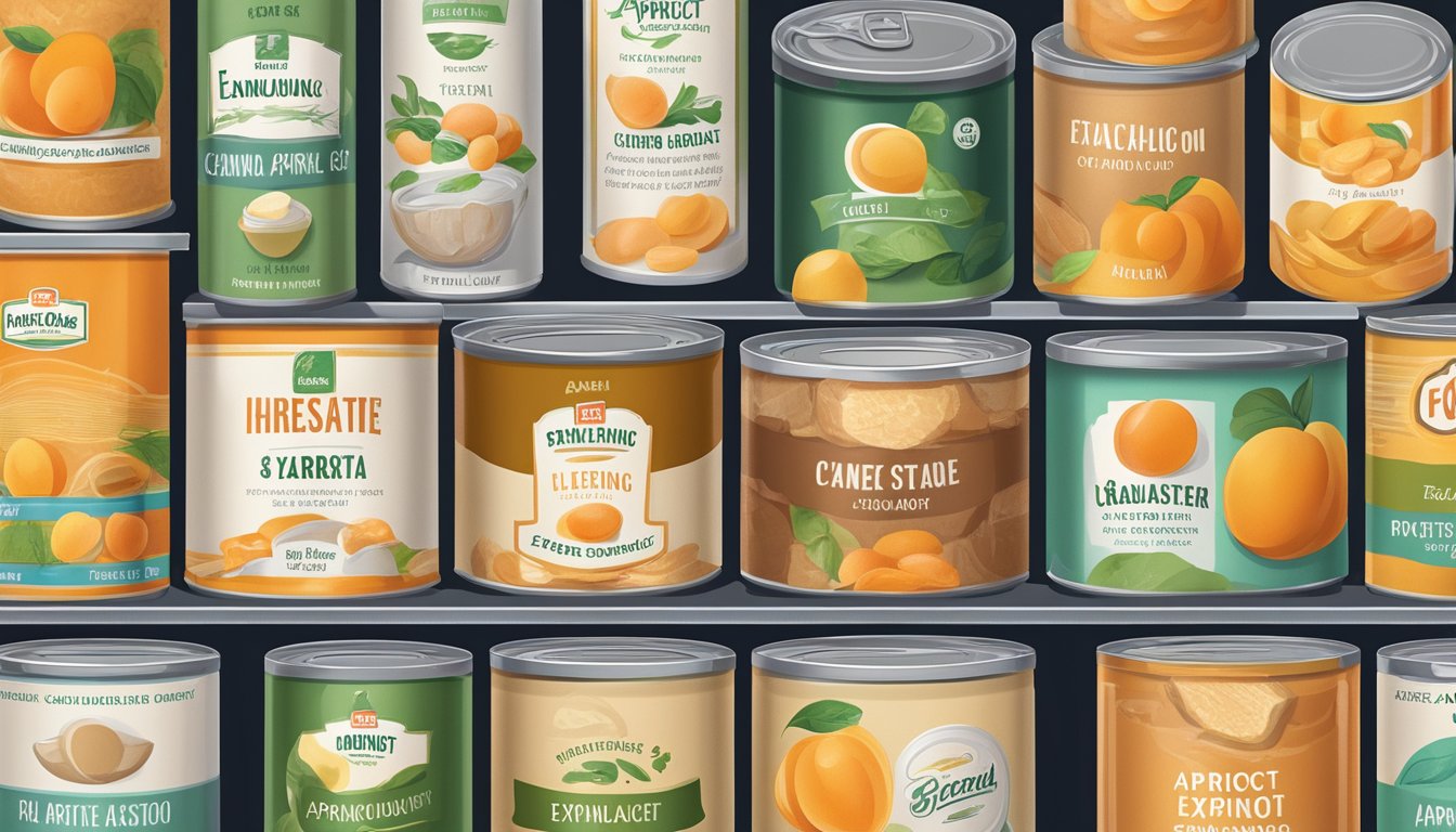 A variety of canned foods arranged on a shelf, including canned apricot paste with expiration dates clearly visible