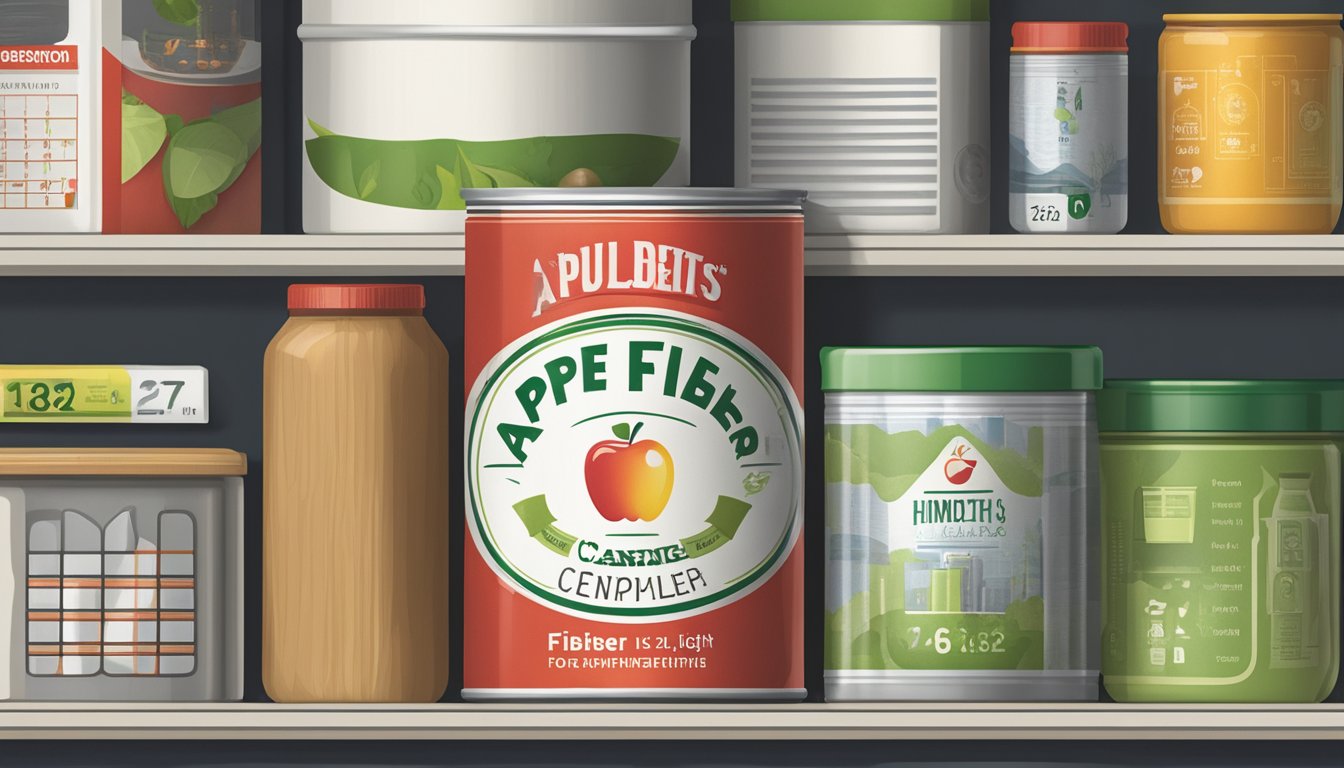 A sealed can of apple fiber sits on a shelf with a calendar showing the date of canning and an expiration date. The can is surrounded by various environmental factors such as temperature, humidity, and light