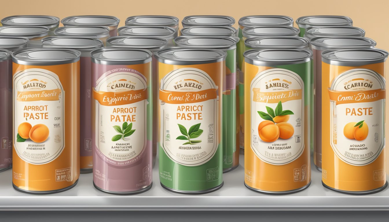 A kitchen counter with a neatly organized array of canned apricot paste, a labeled expiration date visible on one of the cans