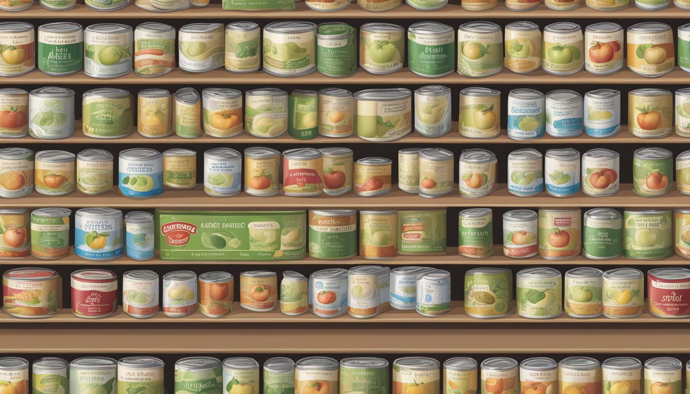 A shelf of canned apple fiber with expiration dates visible