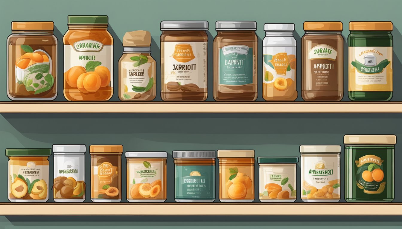 A shelf with various preserved foods, including canned apricot paste, with expiration dates displayed