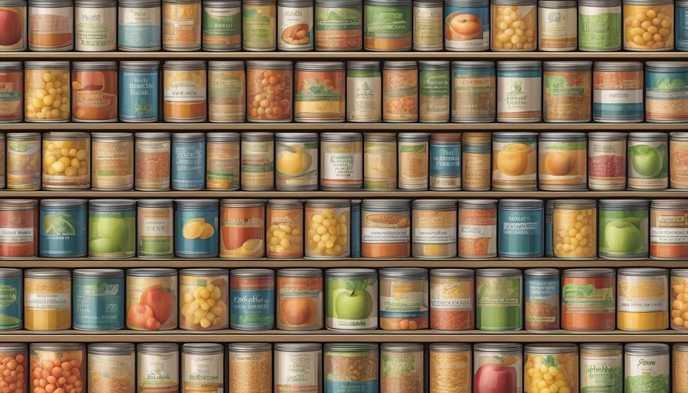 A pantry shelf with rows of neatly stacked canned fruits, including apple fiber, with expiration dates clearly visible