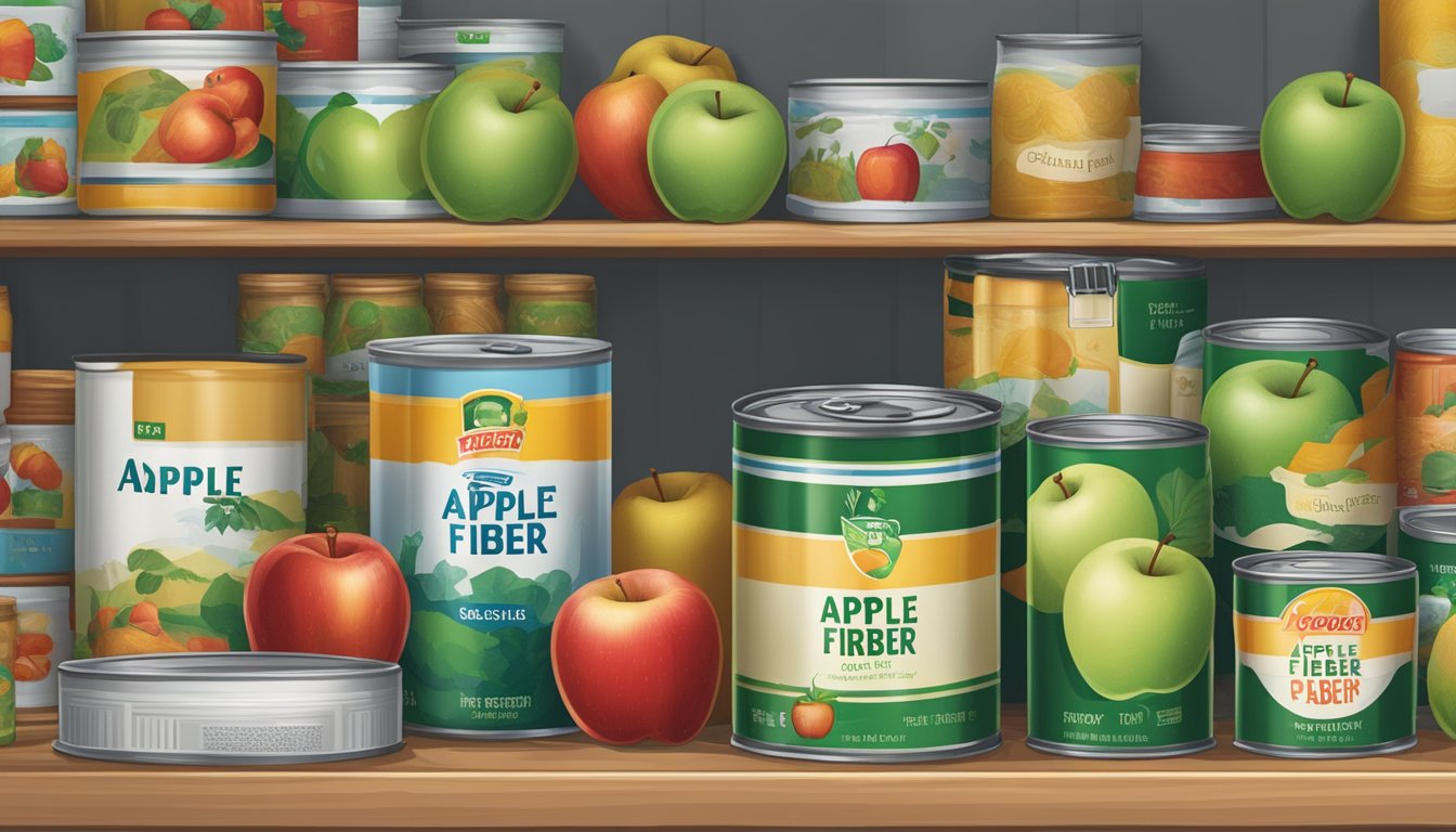 A sealed can of apple fiber sits on a shelf, surrounded by other canned goods. A calendar hangs on the wall, marking the current date