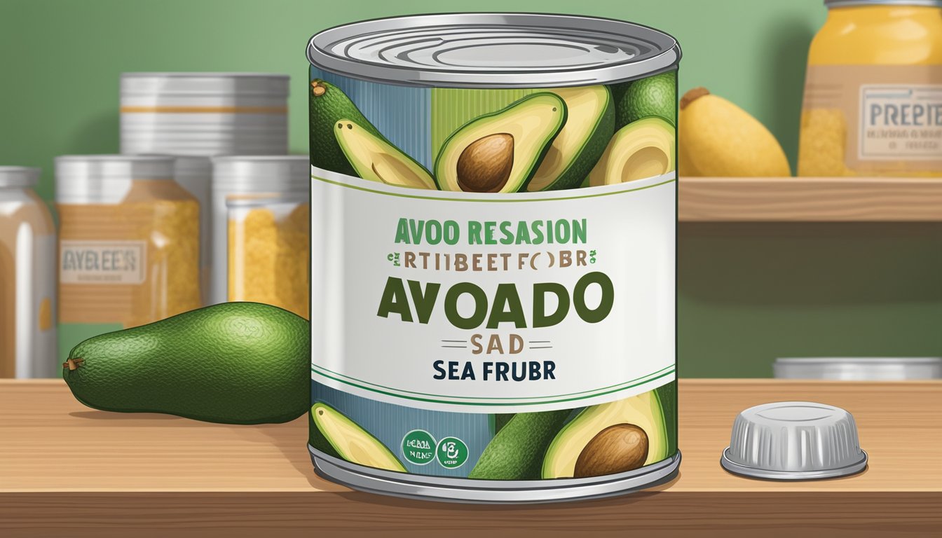 A can of avocado seed fiber sits on a shelf, surrounded by other canned goods. The label indicates the expiration date