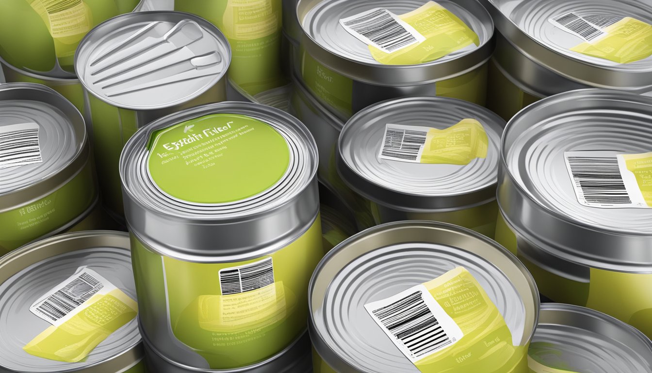 A stack of canned apple fiber with expiration date label