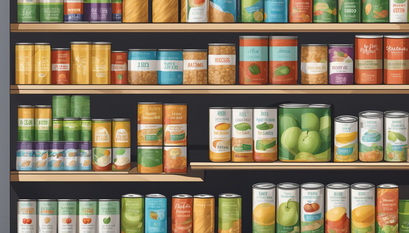 A pantry shelf filled with various canned goods, including cans of apple fiber, with expiration dates printed on the labels