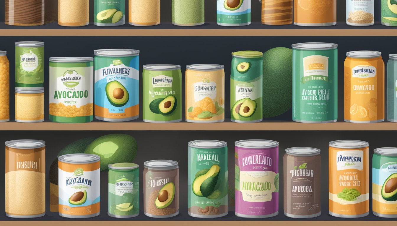 A pantry shelf with various canned foods, including avocado seed fiber, with expiration dates visible