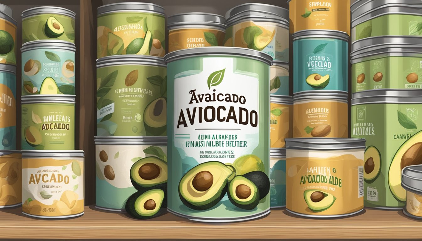 A can of avocado seed fiber sits on a pantry shelf, surrounded by other canned goods. The label is clean and unopened, with no signs of spoilage