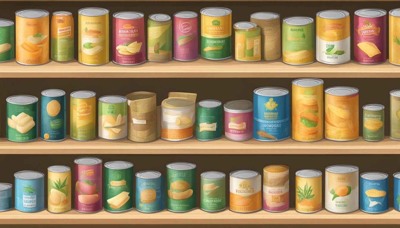 A pantry shelf with canned bamboo shoots, labeled expiration date visible