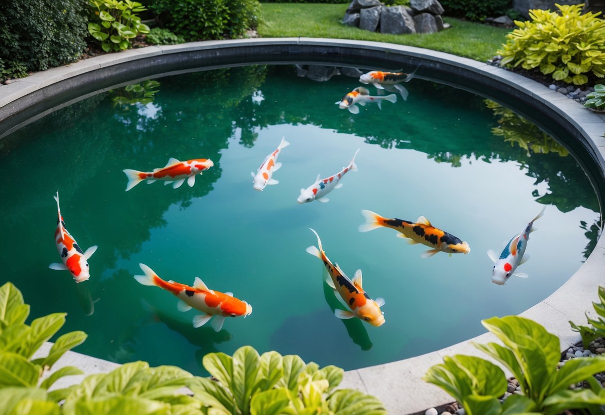 A serene koi pond with clear, pristine water, surrounded by lush greenery and colorful koi fish swimming gracefully