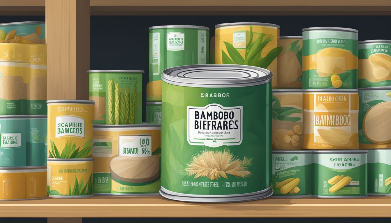 A sealed can of bamboo fiber sits on a shelf, surrounded by other canned goods. The label indicates the expiration date, and the can appears undamaged