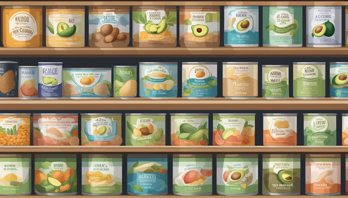 A variety of canned produce lined up on a shelf, including avocado seed fiber, with expiration dates clearly labeled