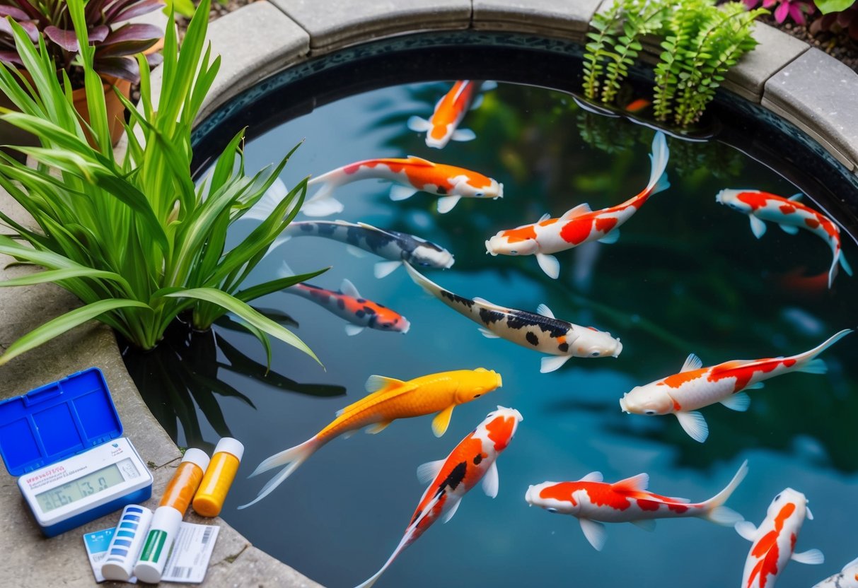 A serene koi pond with crystal-clear water, lush aquatic plants, and a variety of colorful koi swimming gracefully. A water test kit and treatment bottles sit nearby