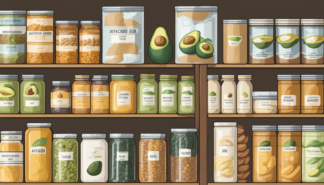 A neatly organized pantry with rows of canned goods, including a labeled can of avocado seed fiber, surrounded by other preserved foods