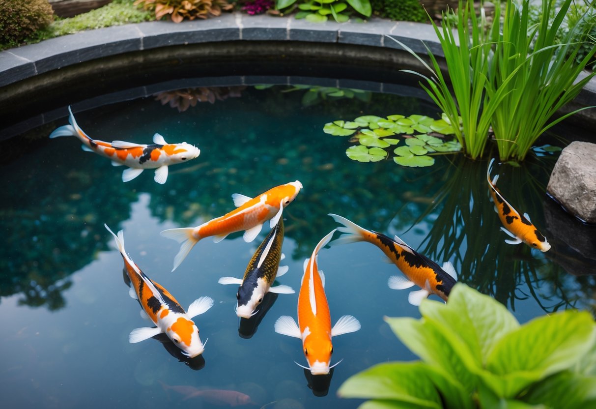 A serene koi pond with clear water, lush aquatic plants, and healthy, colorful koi swimming gracefully