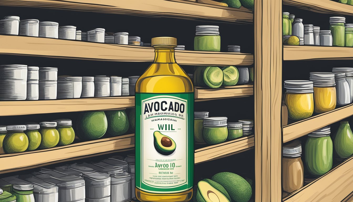 A can of avocado oil sits on a shelf, surrounded by other pantry items. The label indicates the expiration date, while the oil inside remains untouched