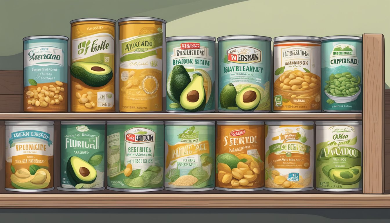 A shelf full of canned foods, including avocado seeds, with expiration dates visible