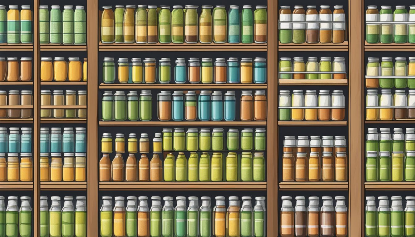 A pantry shelf with rows of neatly organized canned avocado oil, some with expiration dates visible