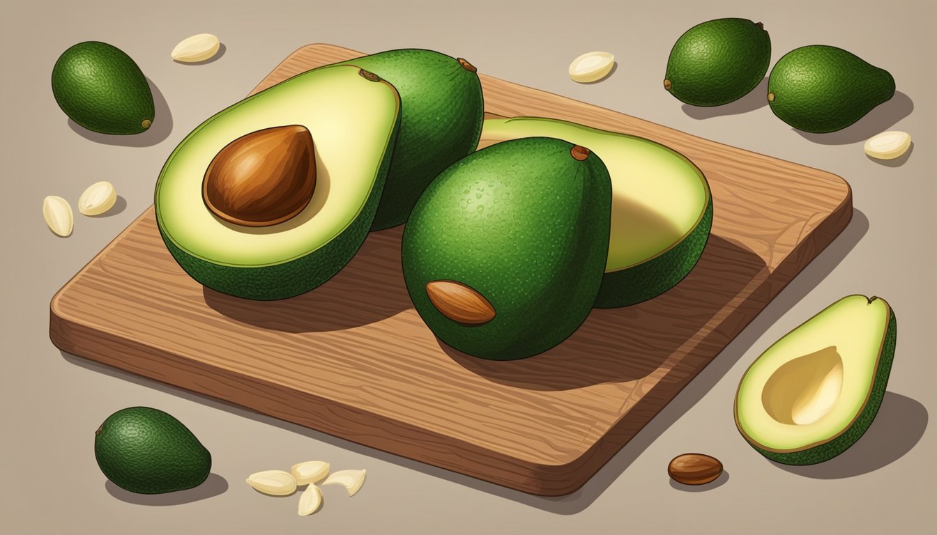 A ripe avocado sits on a wooden cutting board, surrounded by various avocado varieties. A can of avocado seed fiber is opened and sprinkled on a plate