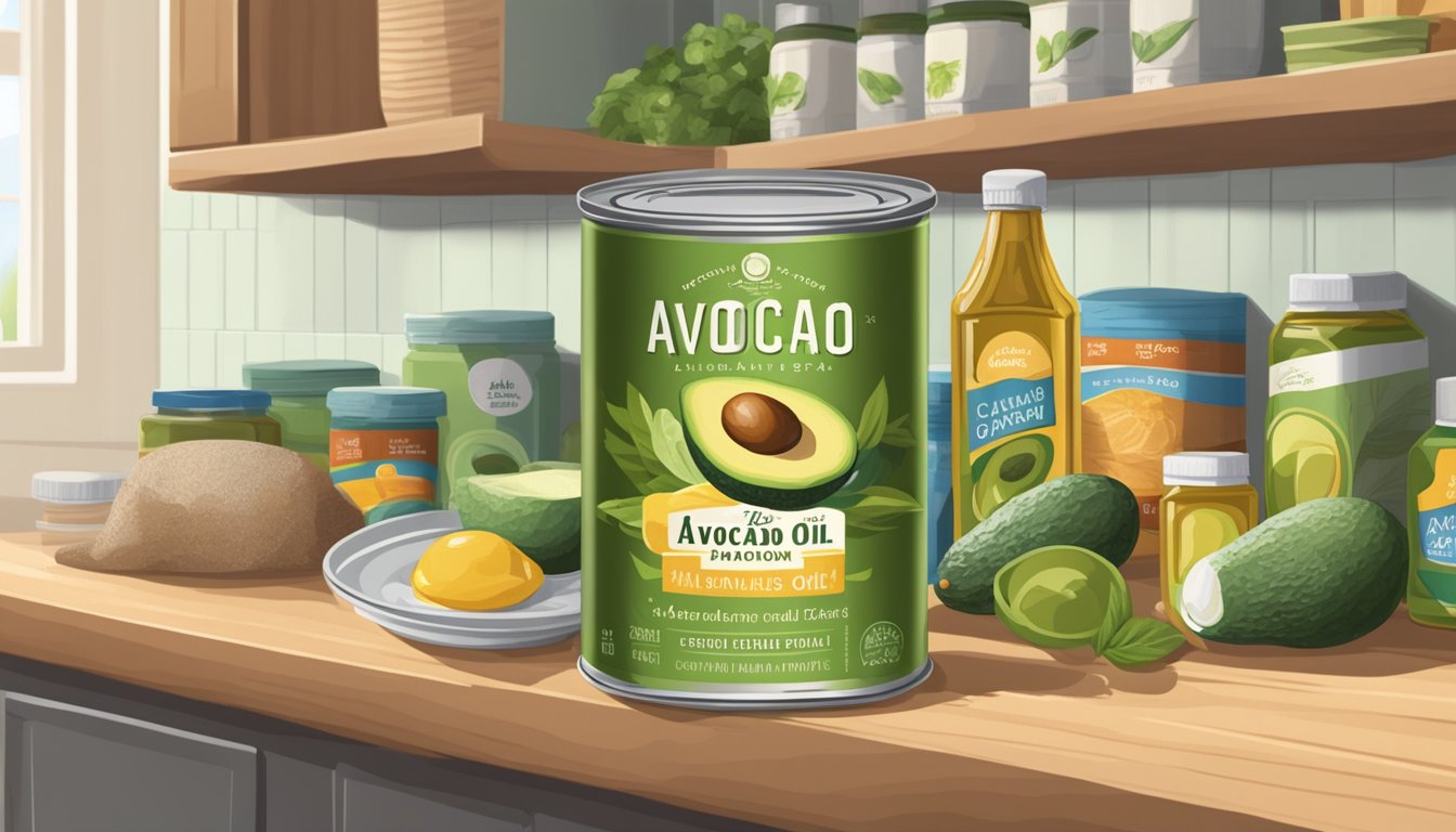 A sealed, unopened can of avocado oil sits on a kitchen shelf, surrounded by other pantry items. The expiration date is clearly visible on the label