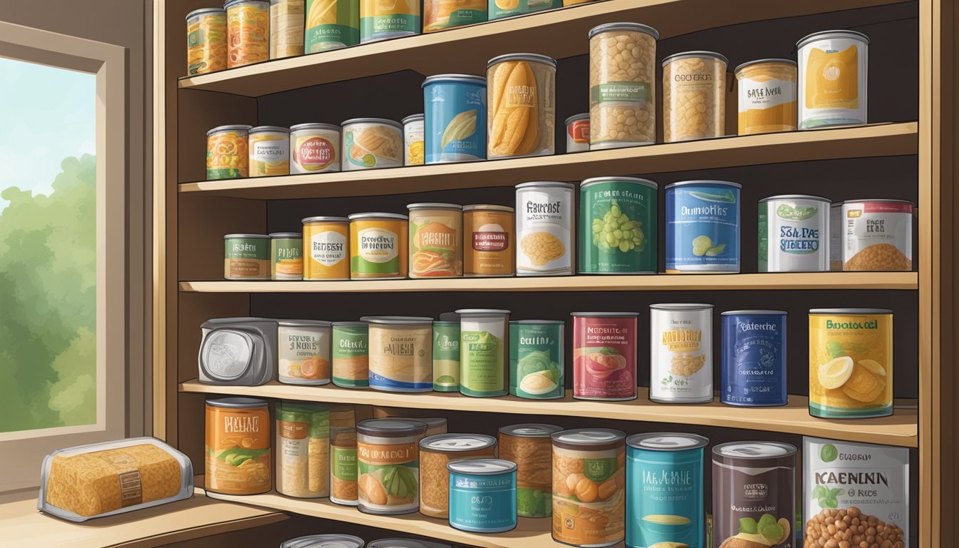 A pantry shelf with a variety of canned goods, including a can of bamboo fiber, with a label indicating the expiration date