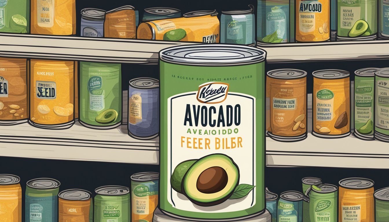 A can of avocado seed fiber sits on a shelf, surrounded by other canned goods. The label on the can clearly displays the expiration date