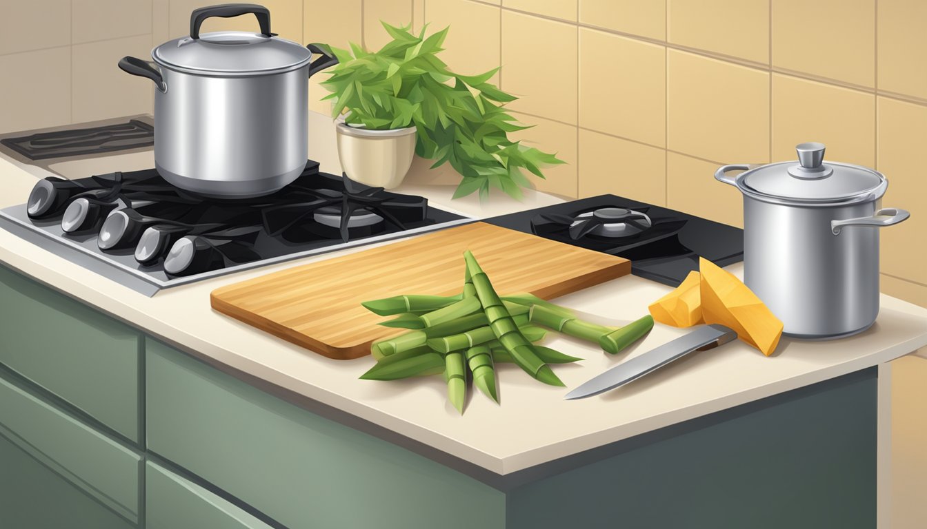 A kitchen counter with a can of bamboo shoots, a knife, cutting board, and a pot on a stove