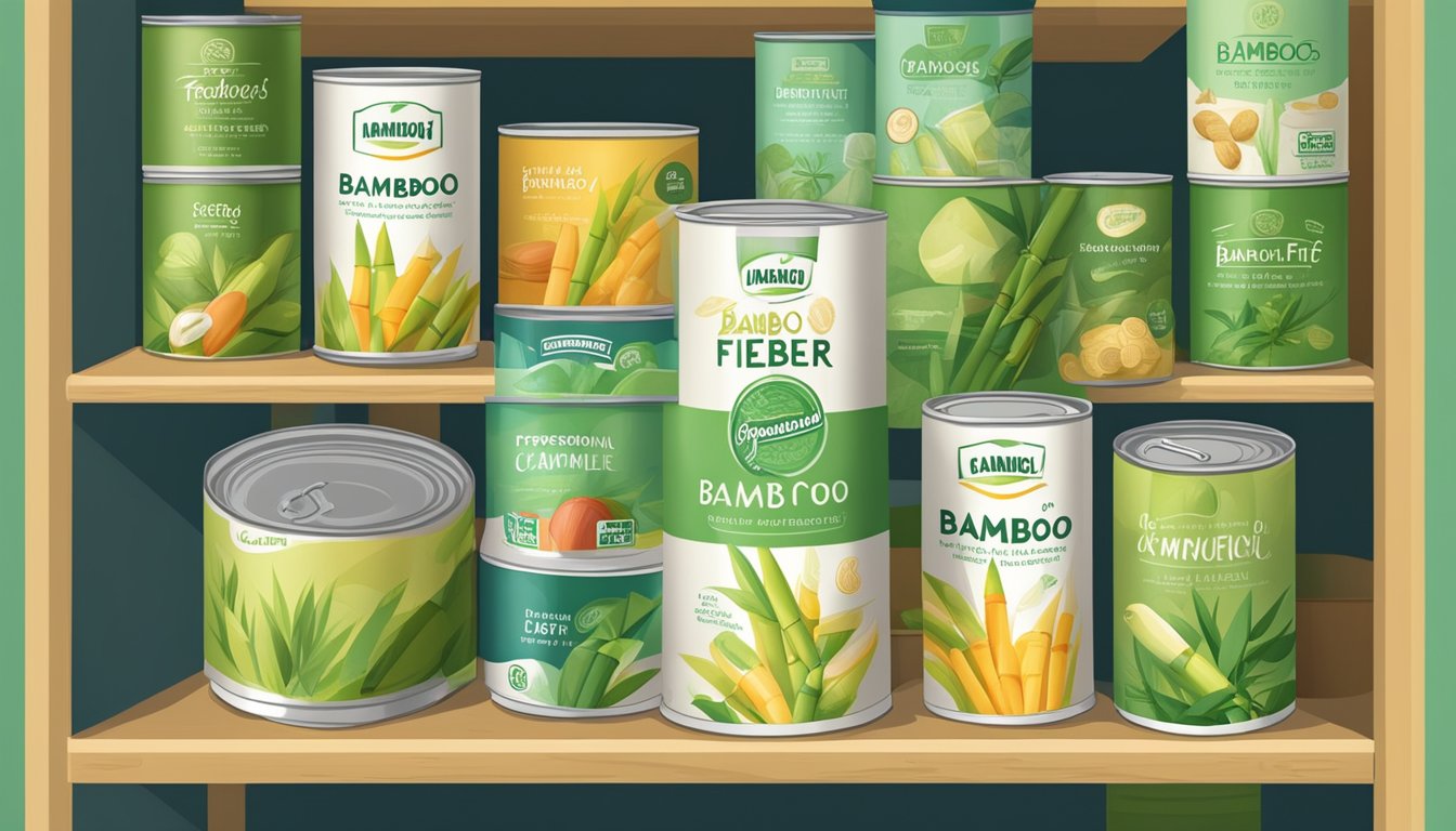 A can of bamboo fiber sits on a shelf, surrounded by other canned goods. The label is clean and unblemished, indicating freshness and longevity