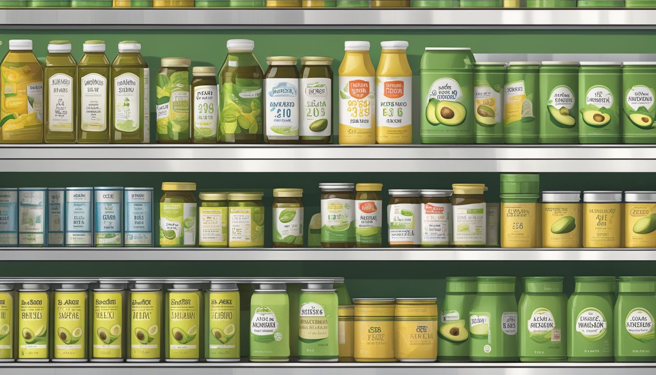 A pantry shelf with a row of canned avocado oil, some with expiration dates, and a calendar indicating the current date