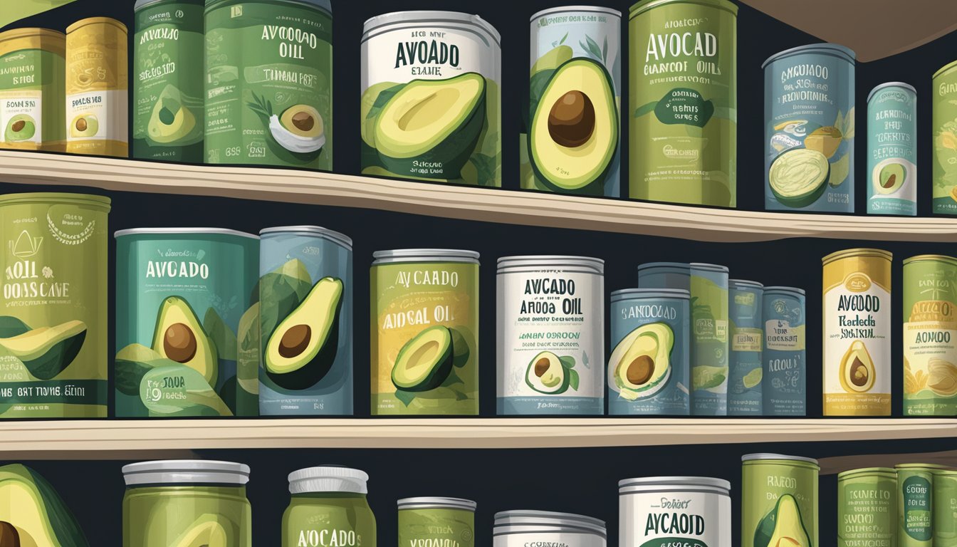 A sealed can of avocado oil sits on a shelf, surrounded by other canned goods. The label indicates the expiration date, while the sturdy packaging protects the oil from spoilage