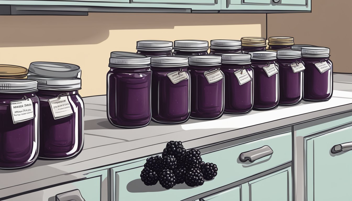 A kitchen counter with jars of blackberry paste being sealed and labeled with expiration dates