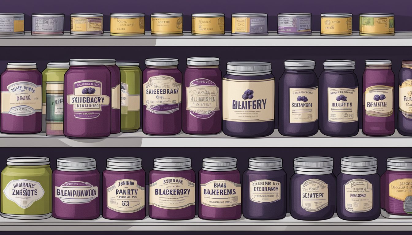 A pantry shelf with canned blackberry paste, labeled with expiration date and storage instructions