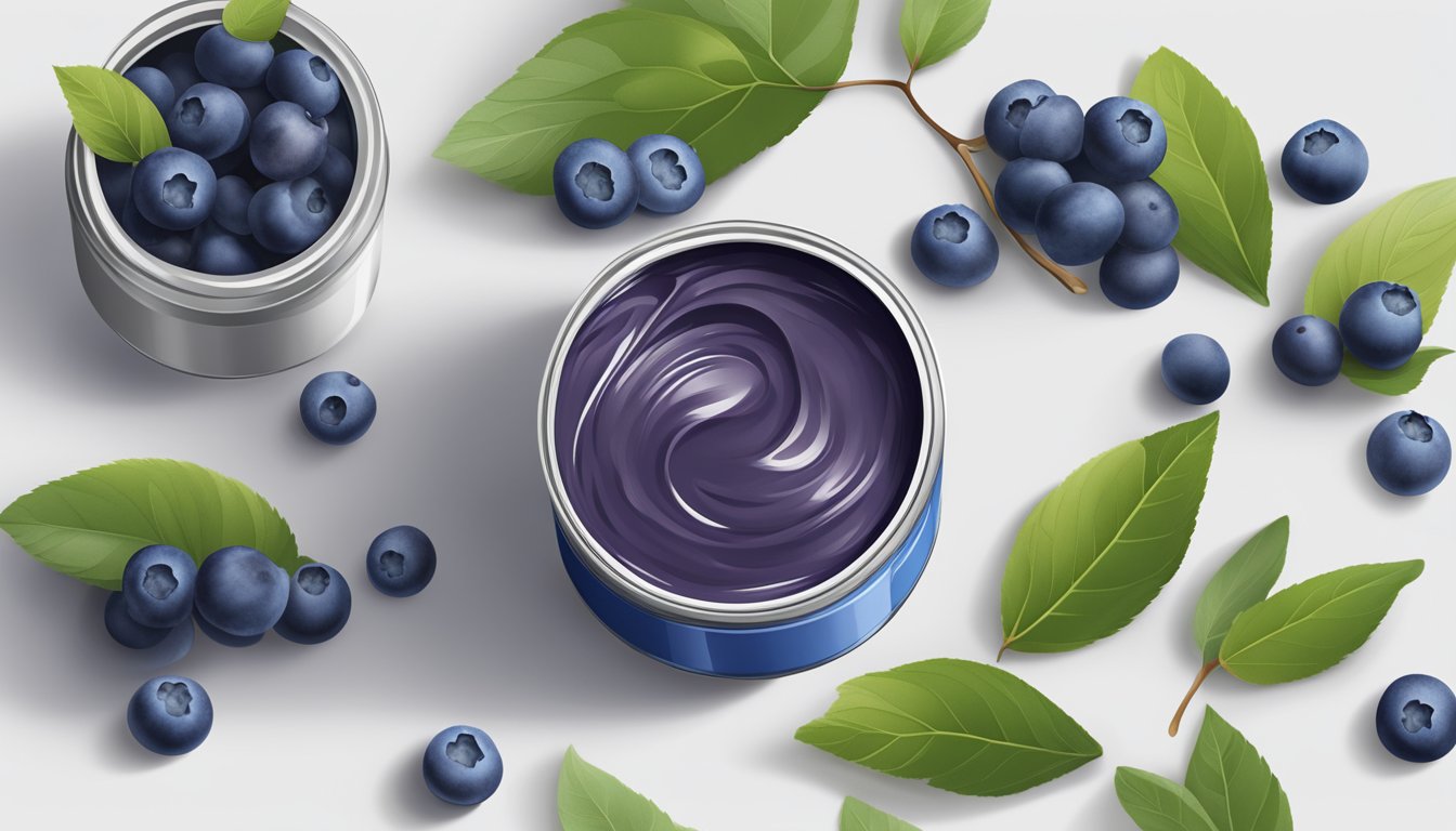 A can of blueberry paste sits on a clean, white countertop, surrounded by fresh blueberries and a few scattered leaves