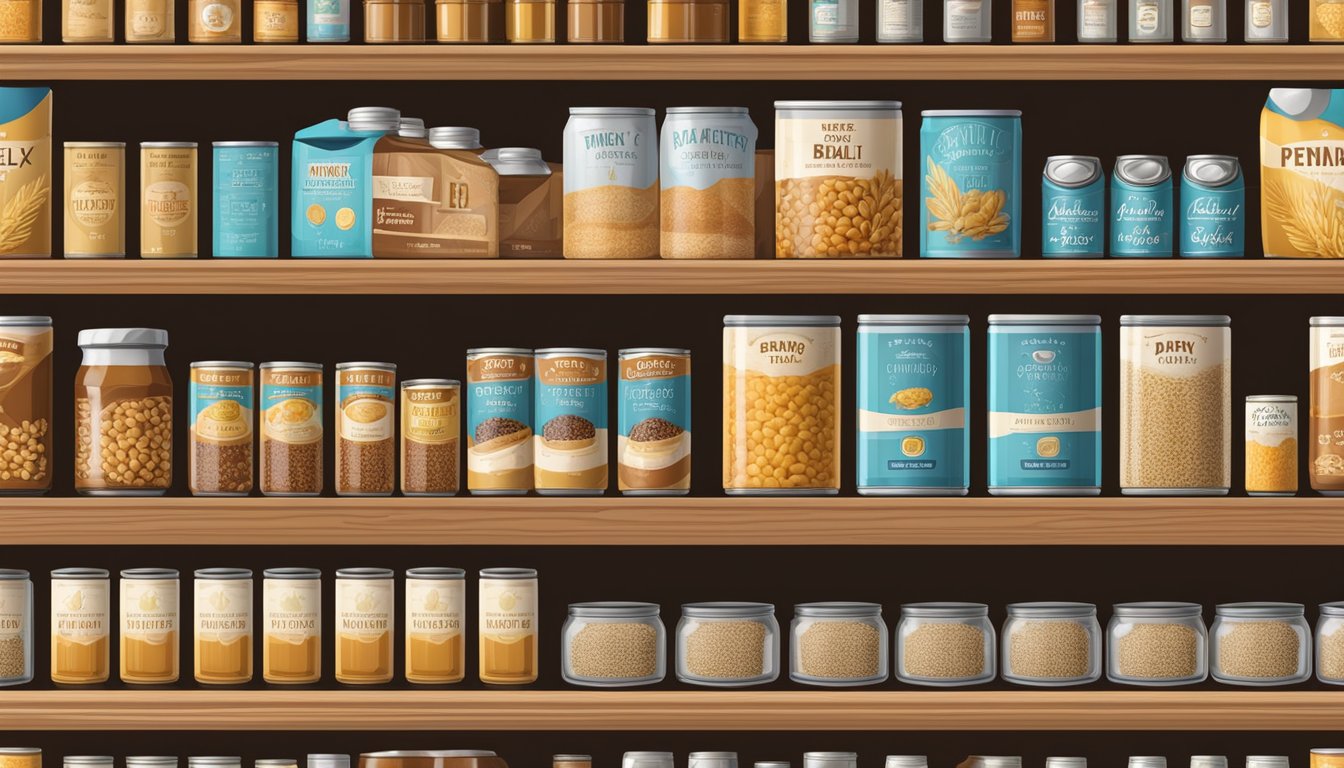 A pantry shelf with a row of canned barley malt syrup, some unopened and others with varying levels of syrup inside