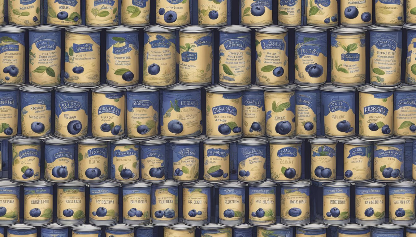 A row of canned blueberry paste on a shelf, with expiration dates clearly visible